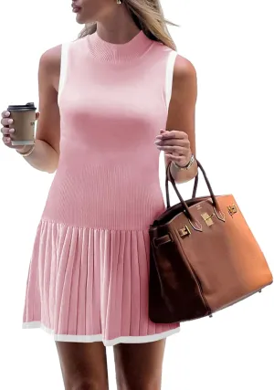 Wenrine Womens Sleeveless Summer Mini Dress Mock Neck Ribbed Knit Ruffle Pleated Casual Tank Dress