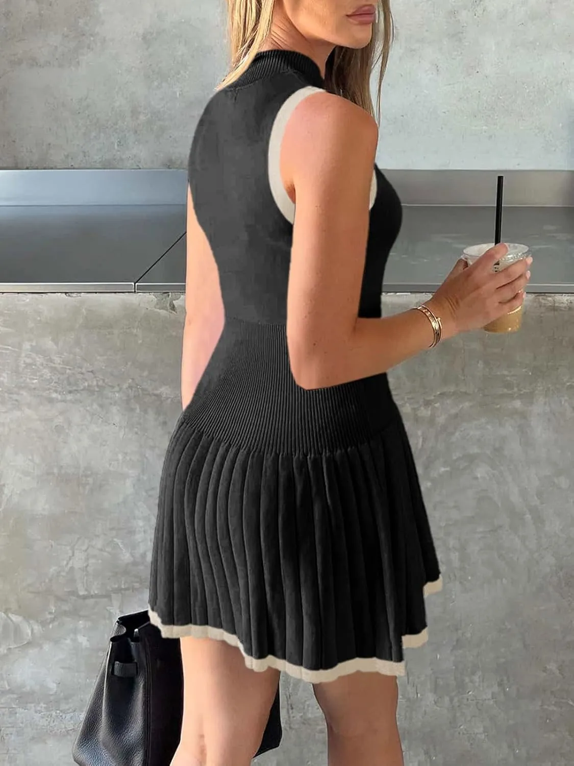 Wenrine Womens Sleeveless Summer Mini Dress Mock Neck Ribbed Knit Ruffle Pleated Casual Tank Dress