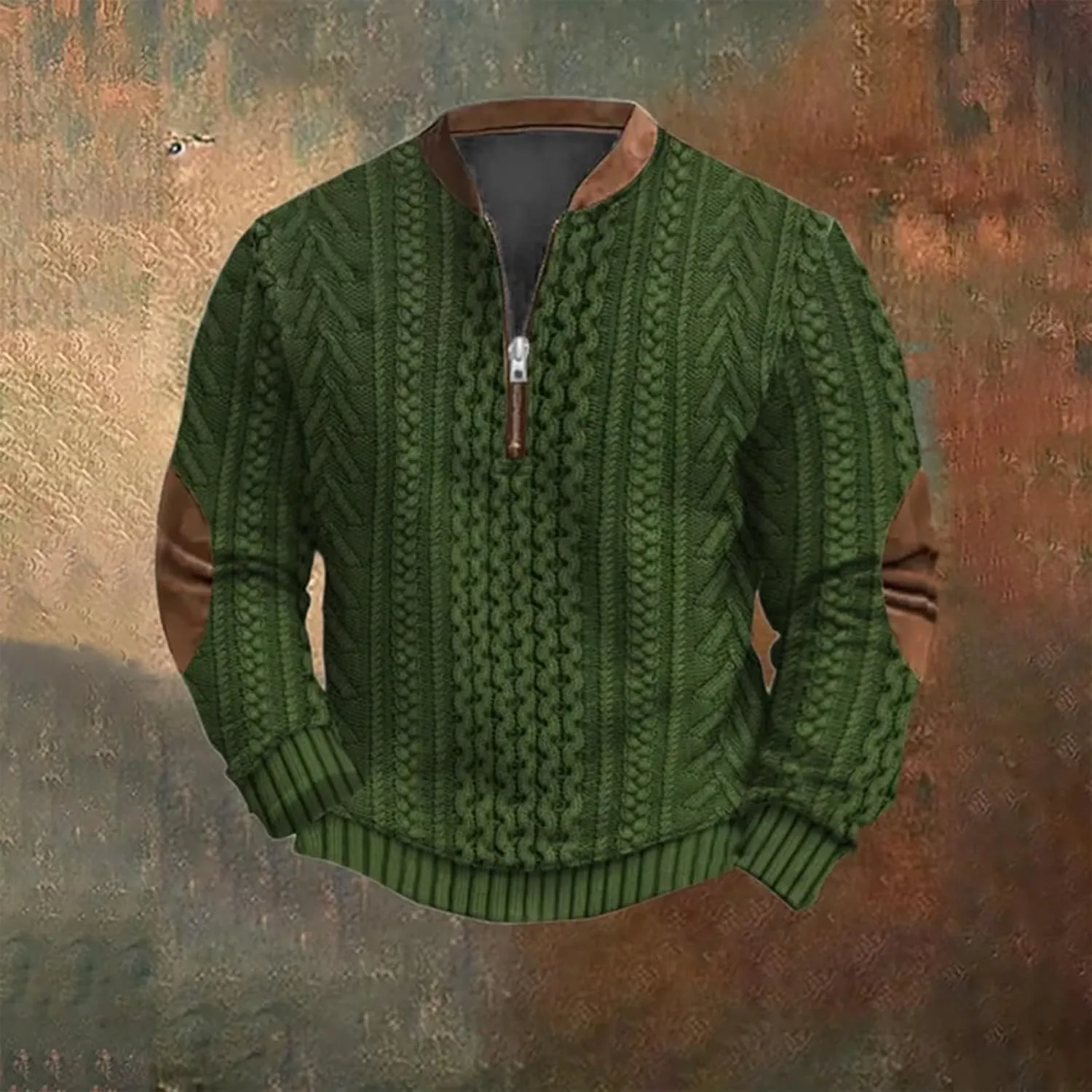 Whitecloths Life Clothing Men Vintage 3D Sweater Cable Knit Print Hoodie Whitecloths Stand Collar Zip-Up Sweatshirt
