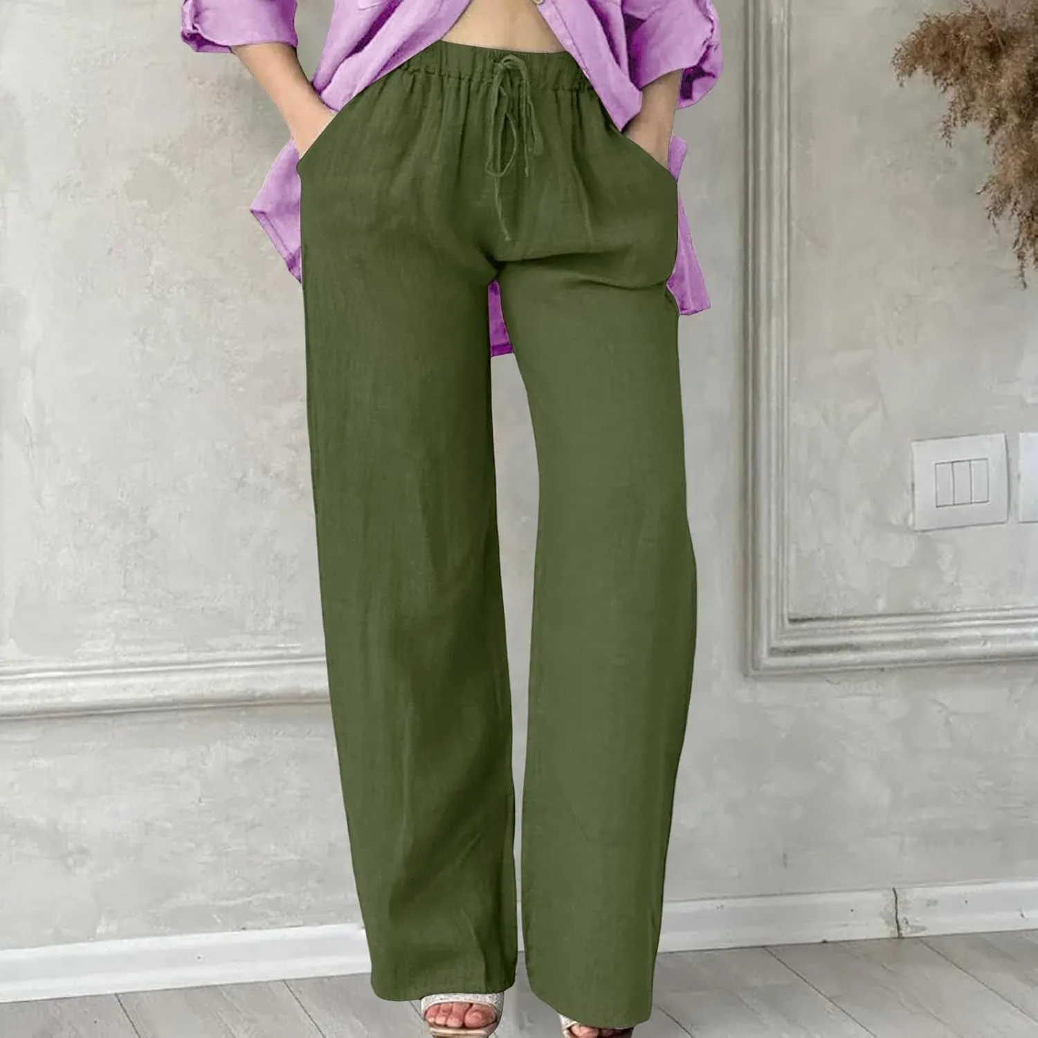 Wide Leg Cotton Linen Pants Women Casual Summer Elastic Waist Beach Pants Loose Fit Flowy Lounge Trousers with Pockets