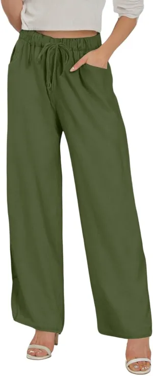 Wide Leg Cotton Linen Pants Women Casual Summer Elastic Waist Beach Pants Loose Fit Flowy Lounge Trousers with Pockets