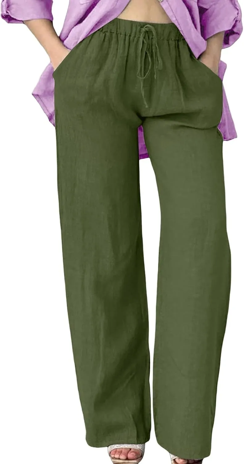Wide Leg Cotton Linen Pants Women Casual Summer Elastic Waist Beach Pants Loose Fit Flowy Lounge Trousers with Pockets