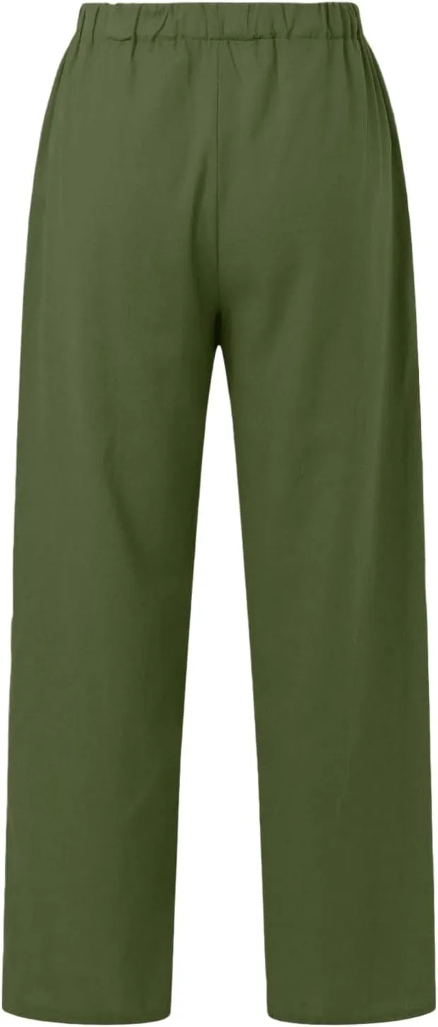 Wide Leg Cotton Linen Pants Women Casual Summer Elastic Waist Beach Pants Loose Fit Flowy Lounge Trousers with Pockets