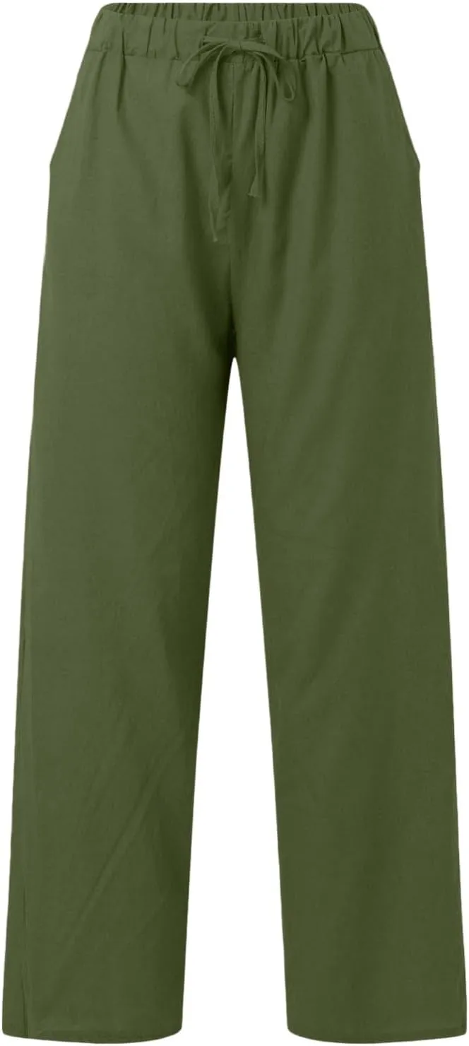Wide Leg Cotton Linen Pants Women Casual Summer Elastic Waist Beach Pants Loose Fit Flowy Lounge Trousers with Pockets