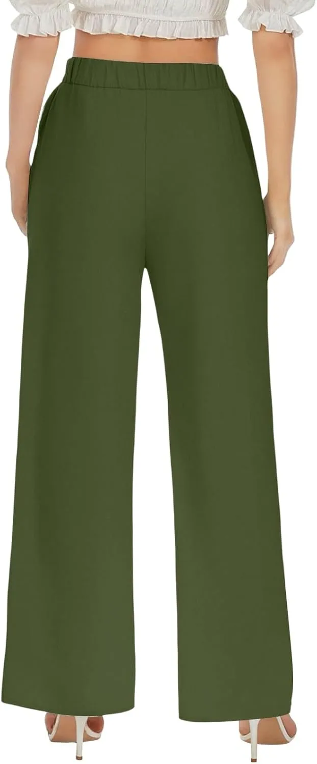 Wide Leg Cotton Linen Pants Women Casual Summer Elastic Waist Beach Pants Loose Fit Flowy Lounge Trousers with Pockets