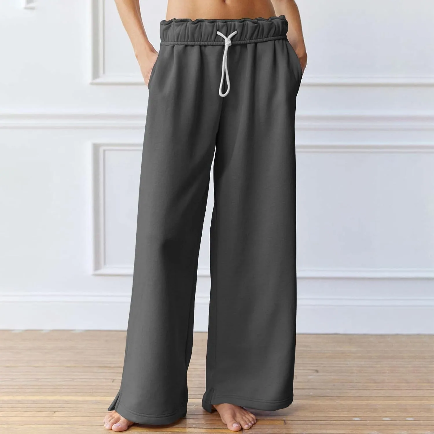 Wide Leg Sweatpants for Women Drawstring High Waisted Lounge Trousers Elastic Waist Baggy Casual Pants with Pockets