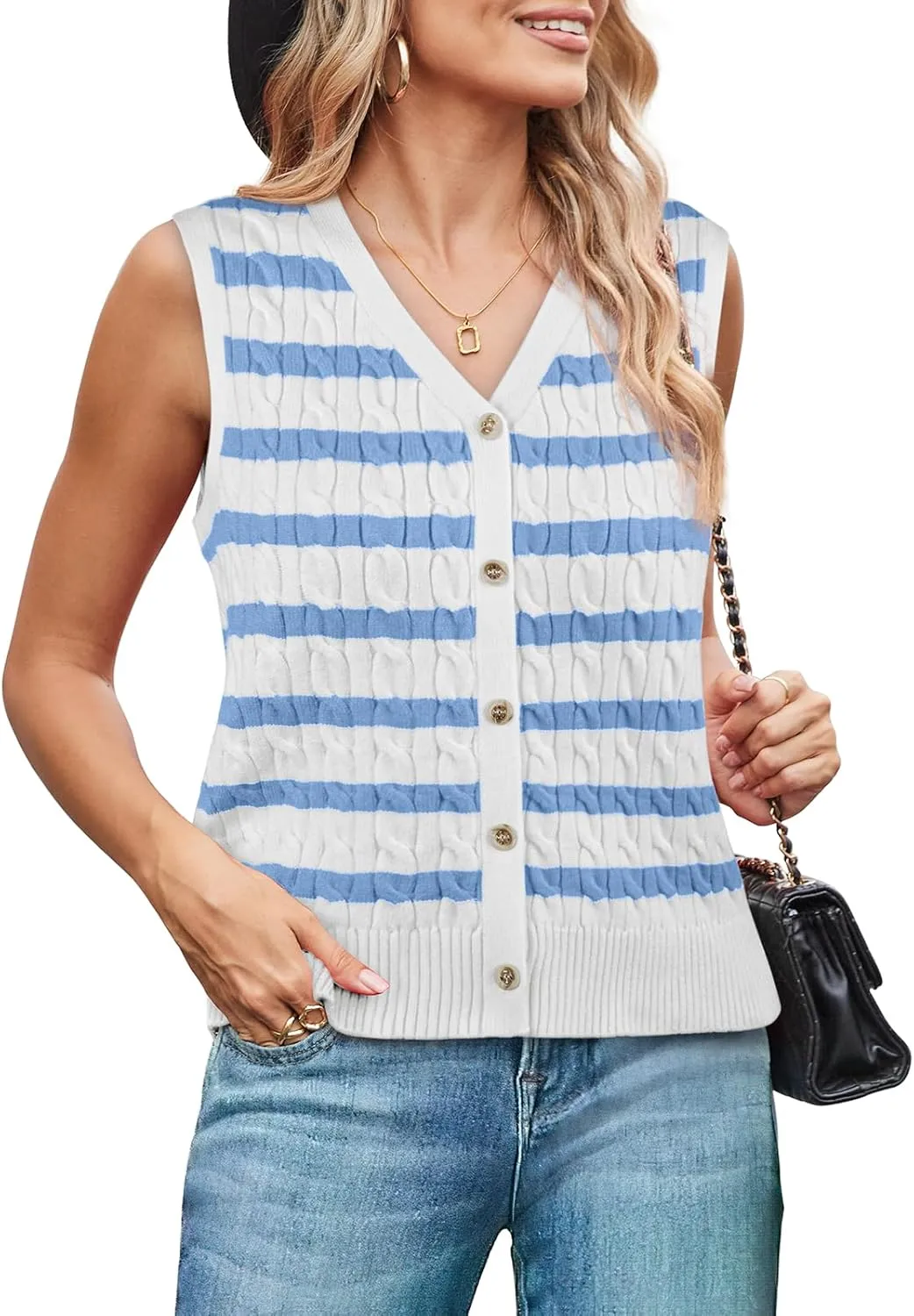 WIHOLL Womens Sweater Vest Cable Knit Button Down Cute Sleeveless Spring Summer Clothes 2025