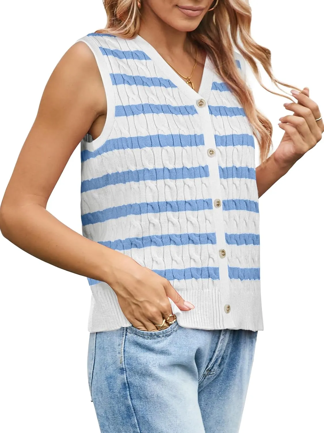 WIHOLL Womens Sweater Vest Cable Knit Button Down Cute Sleeveless Spring Summer Clothes 2025