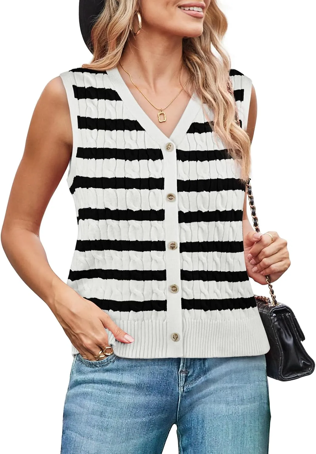 WIHOLL Womens Sweater Vest Cable Knit Button Down Cute Sleeveless Spring Summer Clothes 2025