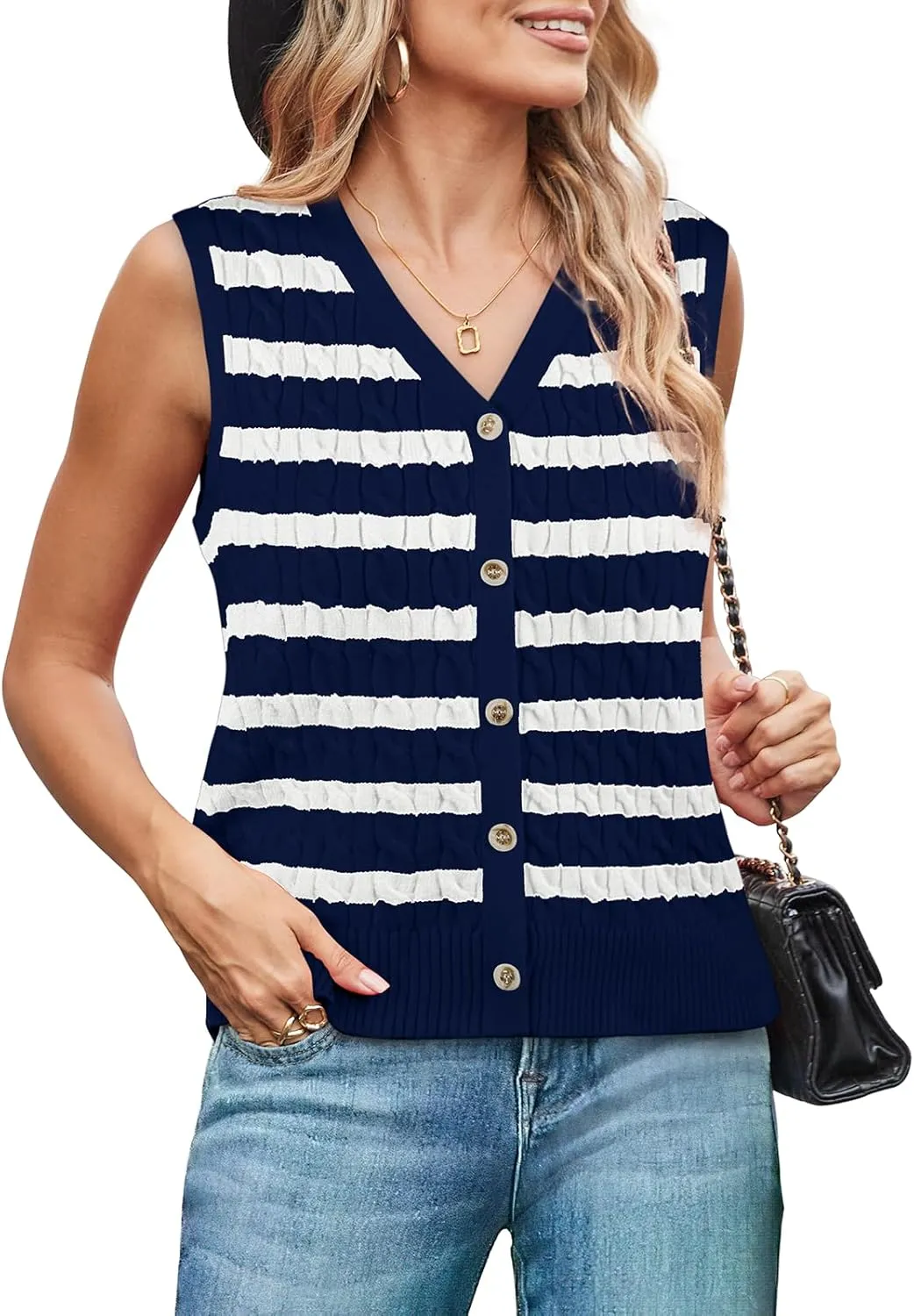 WIHOLL Womens Sweater Vest Cable Knit Button Down Cute Sleeveless Spring Summer Clothes 2025