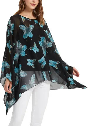 Wiiiwish Women's Loose Solid Long Batwing Sheer Chiffon Caftan Wrap Poncho Tunic Top Topper