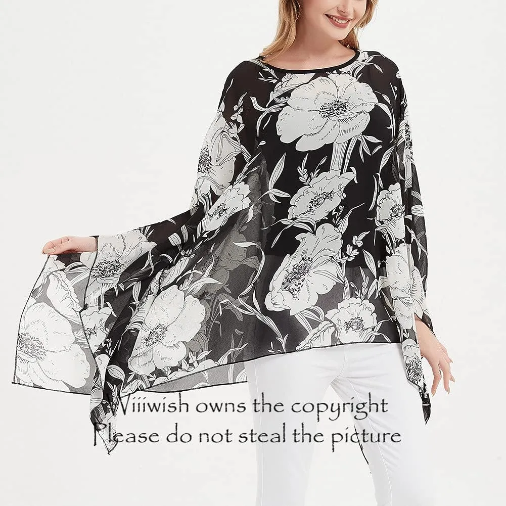 Wiiiwish Women's Loose Solid Long Batwing Sheer Chiffon Caftan Wrap Poncho Tunic Top Topper