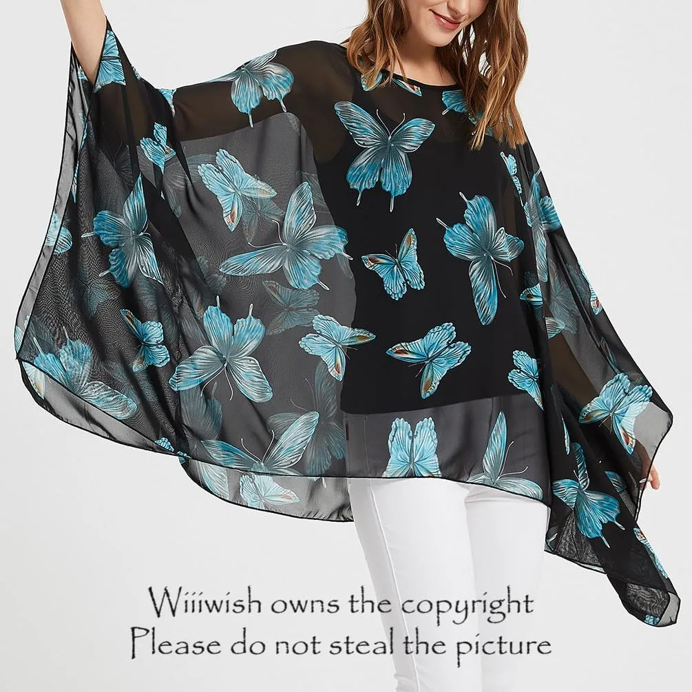 Wiiiwish Women's Loose Solid Long Batwing Sheer Chiffon Caftan Wrap Poncho Tunic Top Topper