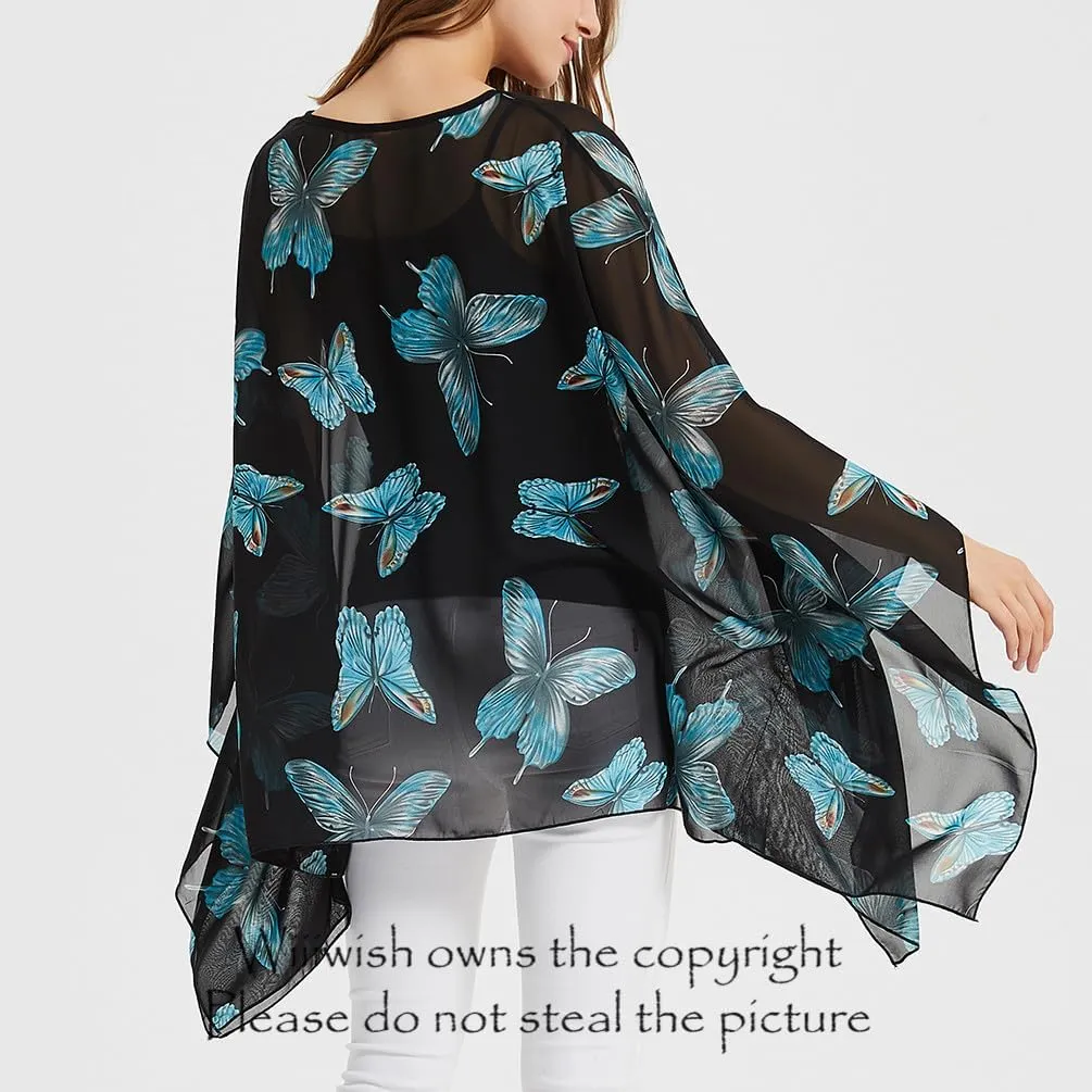 Wiiiwish Women's Loose Solid Long Batwing Sheer Chiffon Caftan Wrap Poncho Tunic Top Topper