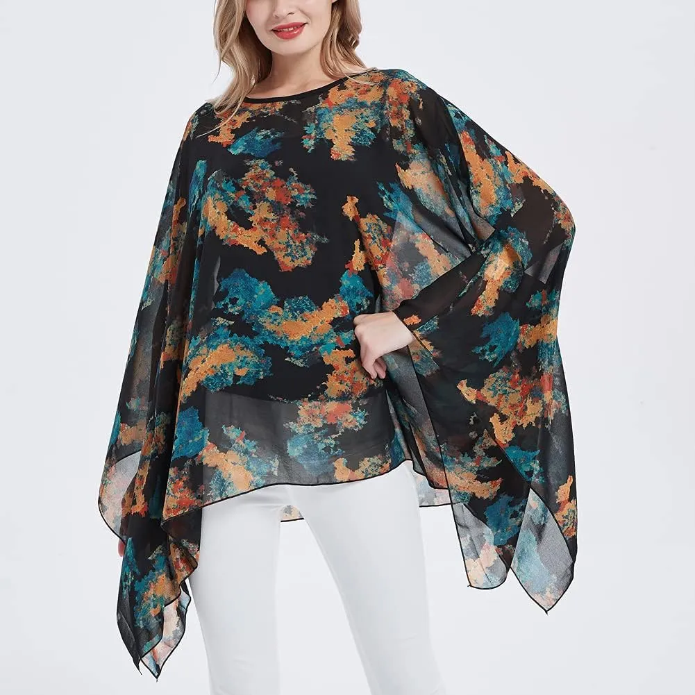 Wiiiwish Women's Loose Solid Long Batwing Sheer Chiffon Caftan Wrap Poncho Tunic Top Topper