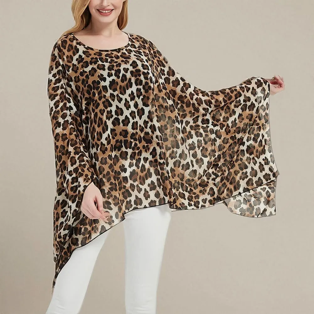 Wiiiwish Women's Loose Solid Long Batwing Sheer Chiffon Caftan Wrap Poncho Tunic Top Topper