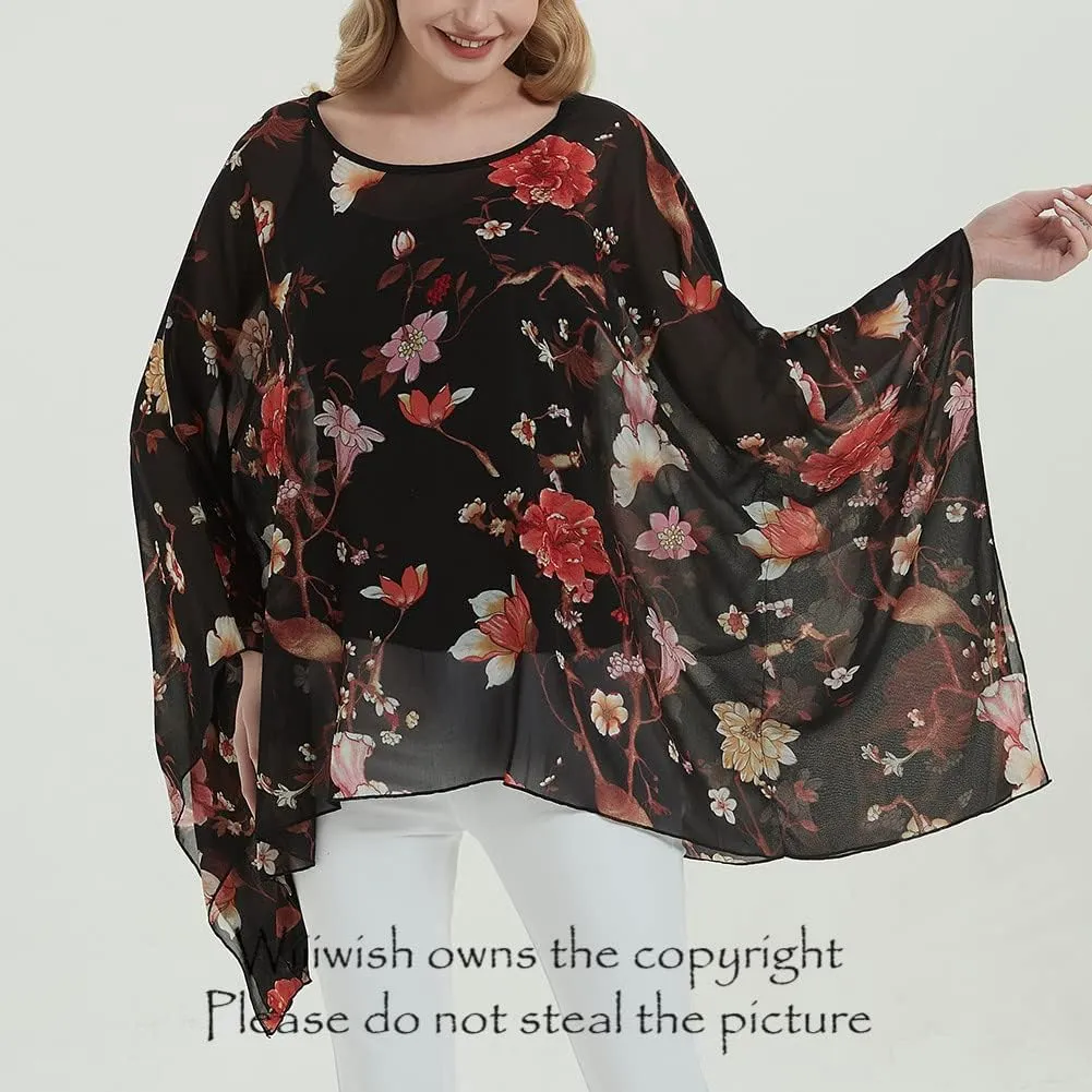 Wiiiwish Women's Loose Solid Long Batwing Sheer Chiffon Caftan Wrap Poncho Tunic Top Topper