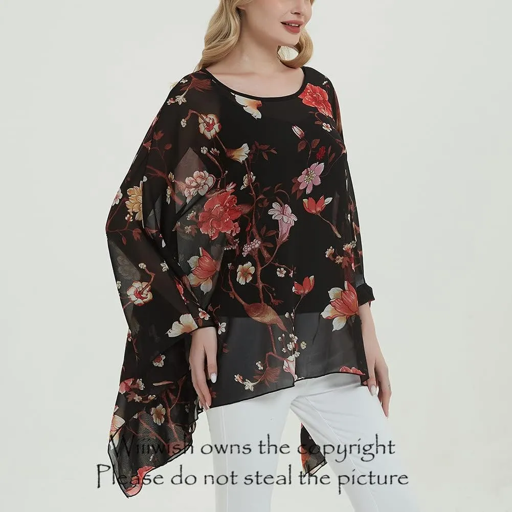 Wiiiwish Women's Loose Solid Long Batwing Sheer Chiffon Caftan Wrap Poncho Tunic Top Topper