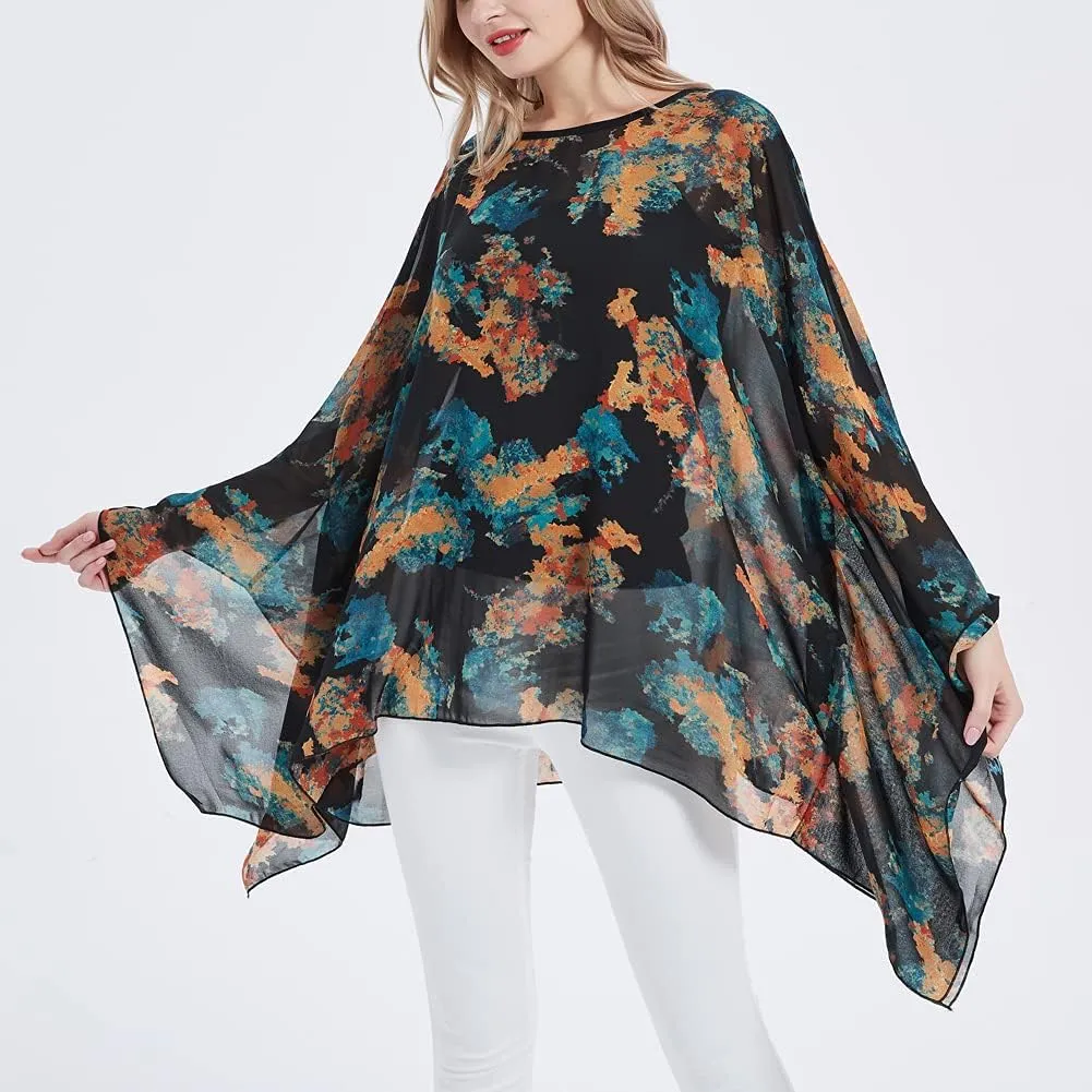 Wiiiwish Women's Loose Solid Long Batwing Sheer Chiffon Caftan Wrap Poncho Tunic Top Topper