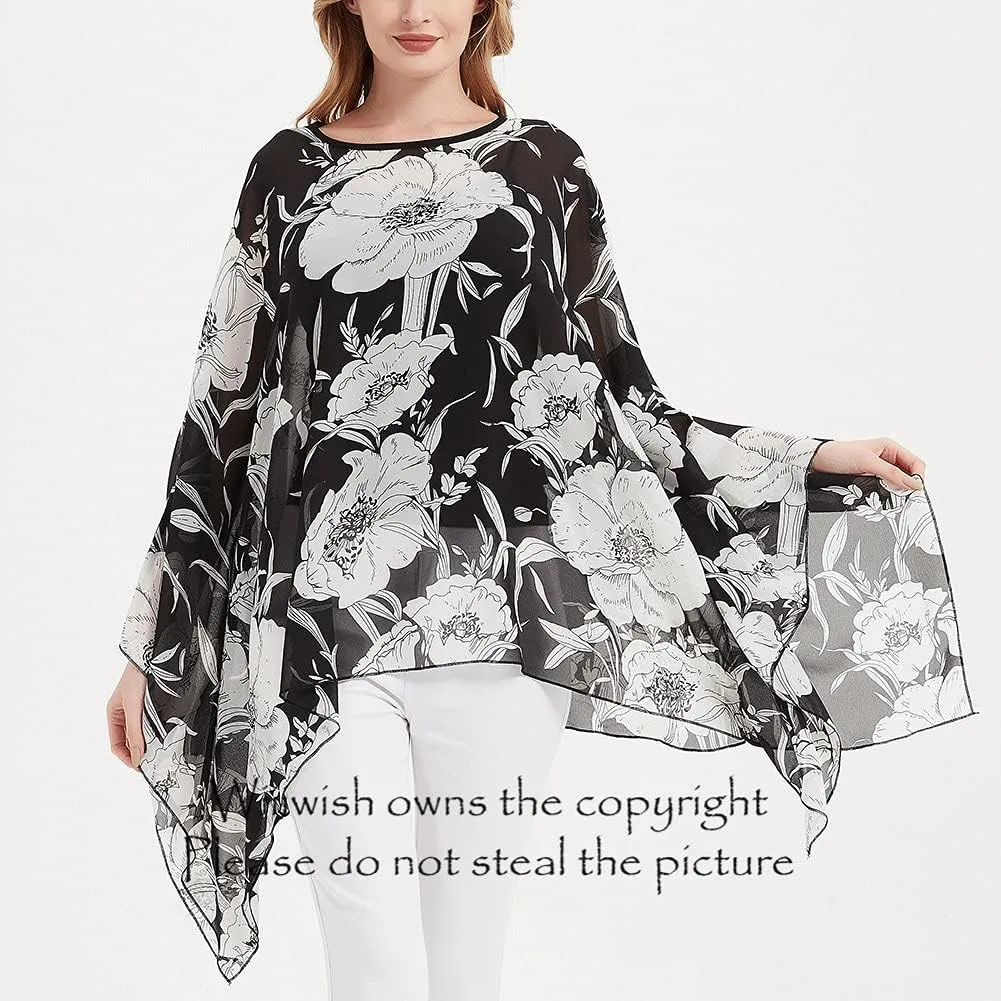 Wiiiwish Women's Loose Solid Long Batwing Sheer Chiffon Caftan Wrap Poncho Tunic Top Topper