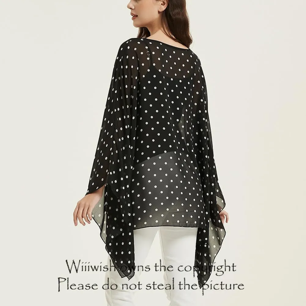 Wiiiwish Women's Loose Solid Long Batwing Sheer Chiffon Caftan Wrap Poncho Tunic Top Topper