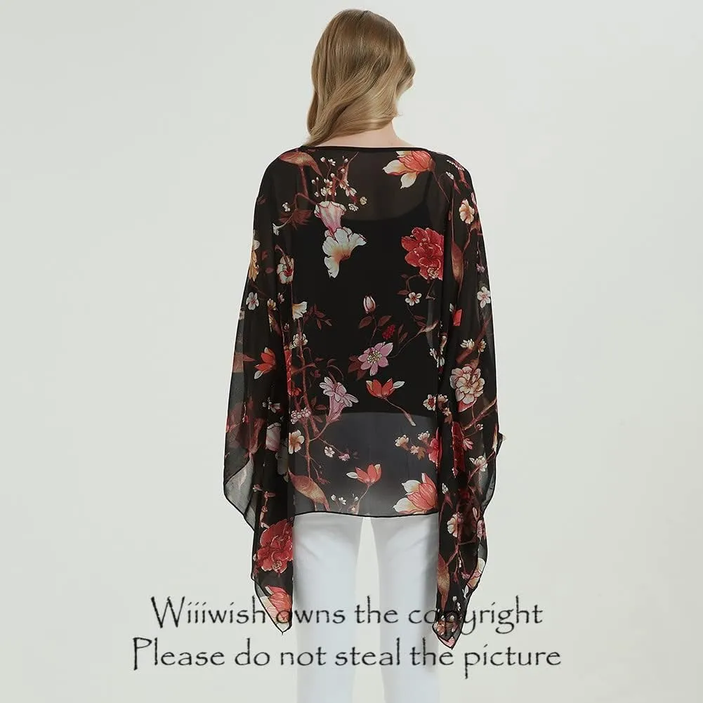 Wiiiwish Women's Loose Solid Long Batwing Sheer Chiffon Caftan Wrap Poncho Tunic Top Topper