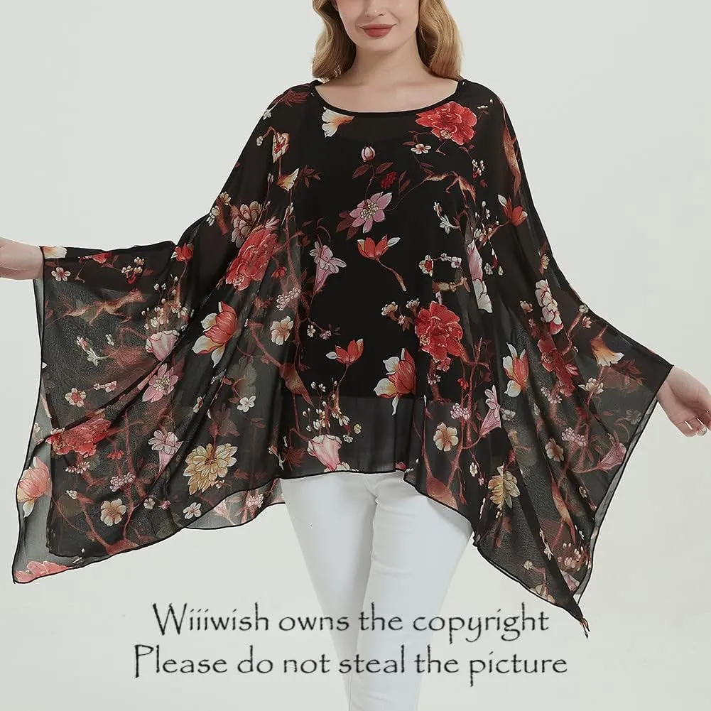 Wiiiwish Women's Loose Solid Long Batwing Sheer Chiffon Caftan Wrap Poncho Tunic Top Topper