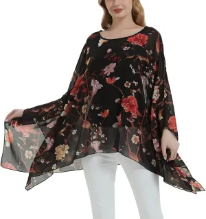 Wiiiwish Women's Loose Solid Long Batwing Sheer Chiffon Caftan Wrap Poncho Tunic Top Topper