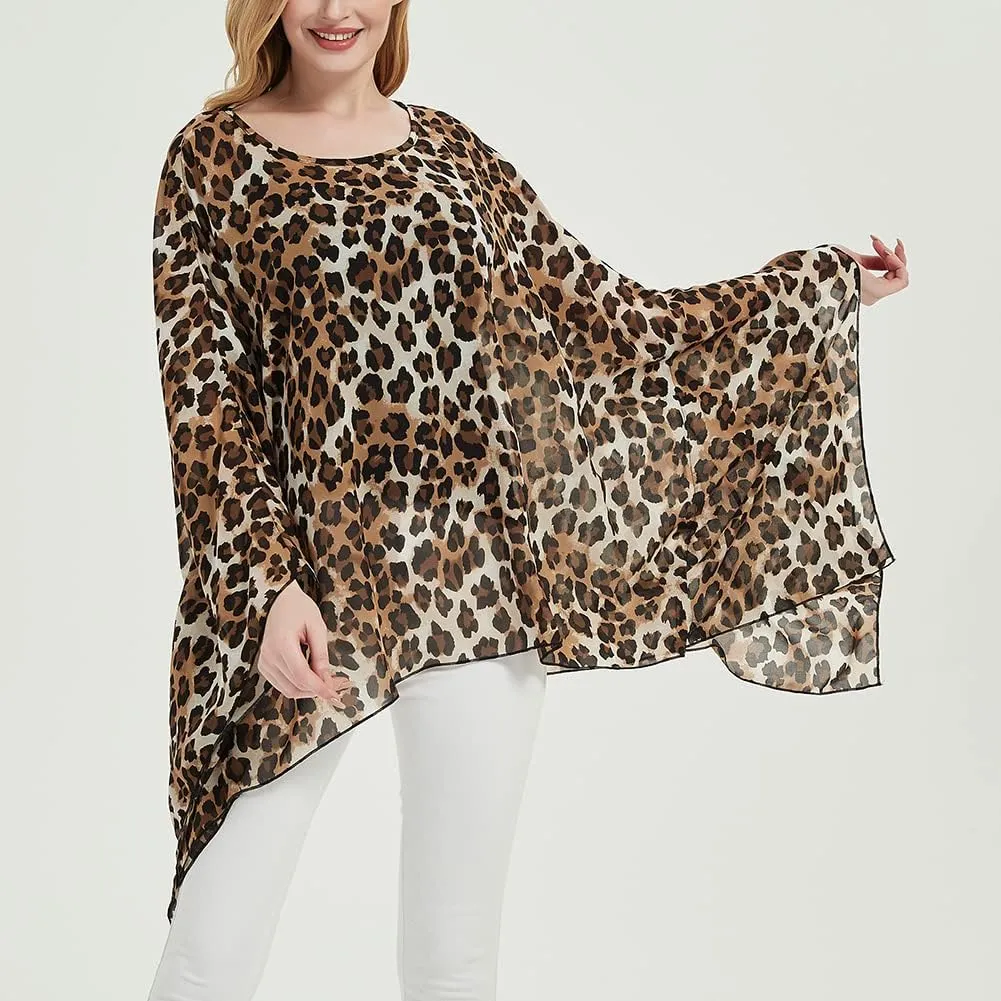 Wiiiwish Women's Loose Solid Long Batwing Sheer Chiffon Caftan Wrap Poncho Tunic Top Topper