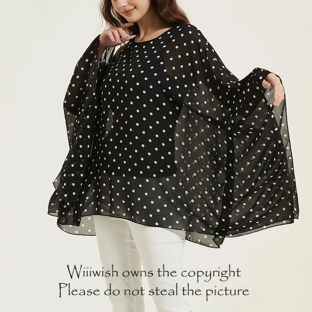 Wiiiwish Women's Loose Solid Long Batwing Sheer Chiffon Caftan Wrap Poncho Tunic Top Topper