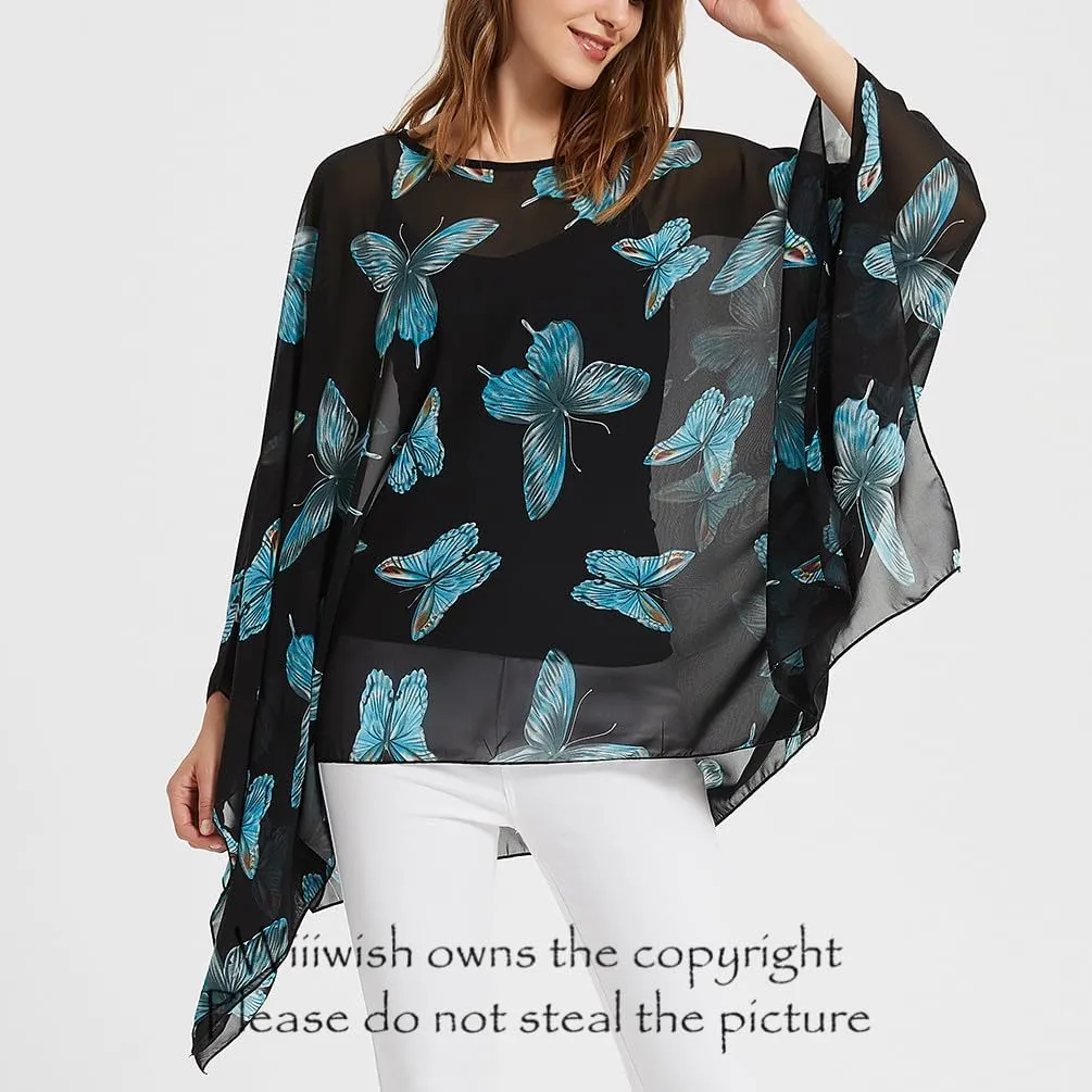 Wiiiwish Women's Loose Solid Long Batwing Sheer Chiffon Caftan Wrap Poncho Tunic Top Topper