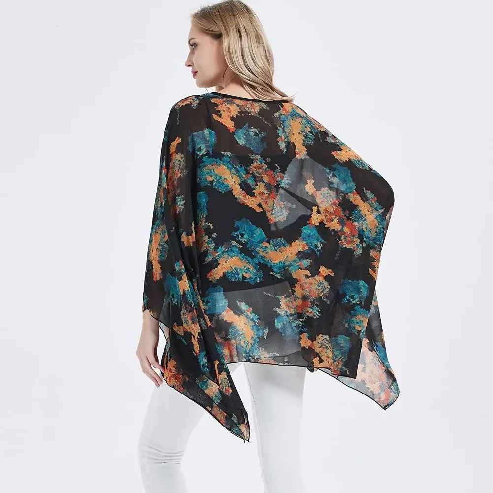 Wiiiwish Women's Loose Solid Long Batwing Sheer Chiffon Caftan Wrap Poncho Tunic Top Topper