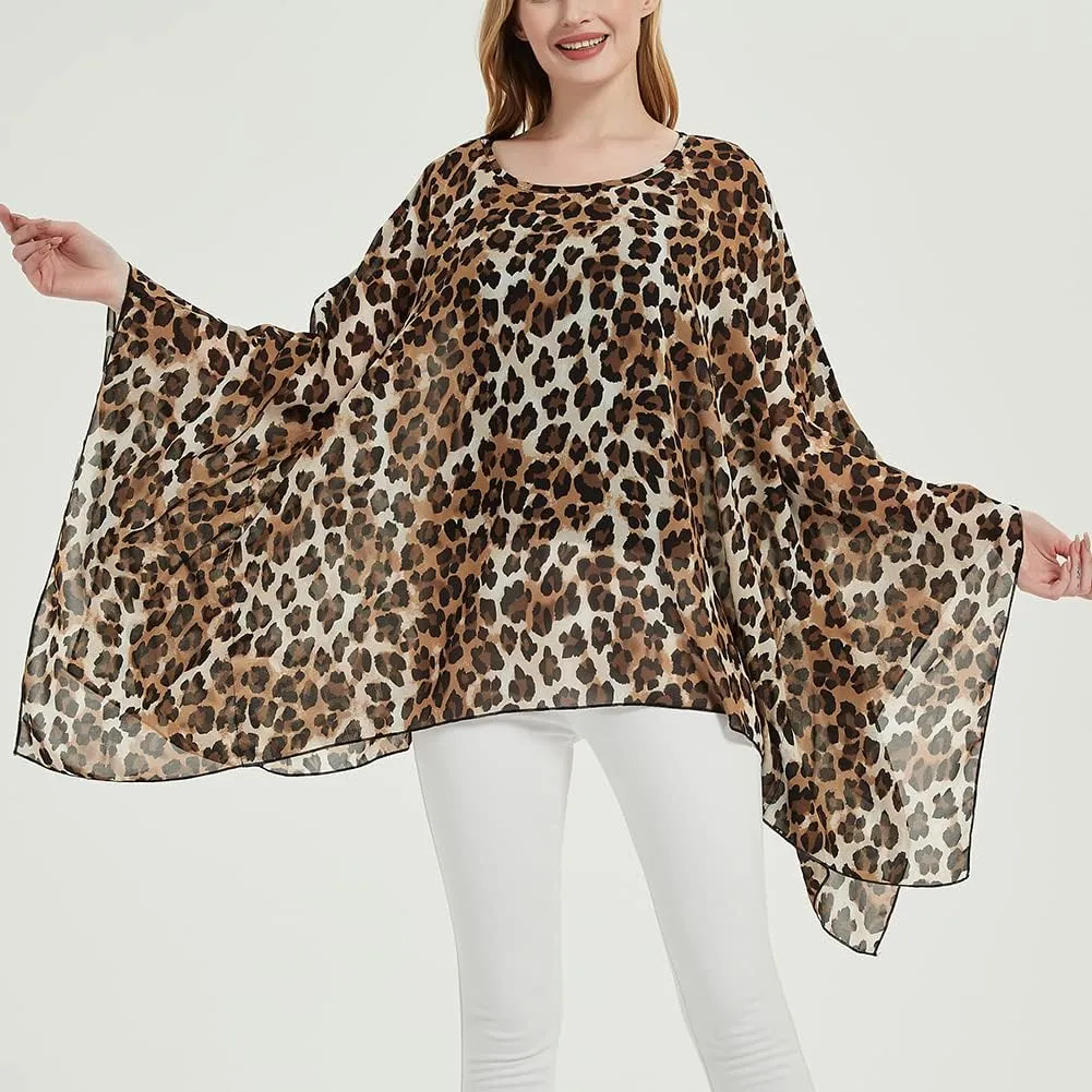 Wiiiwish Women's Loose Solid Long Batwing Sheer Chiffon Caftan Wrap Poncho Tunic Top Topper