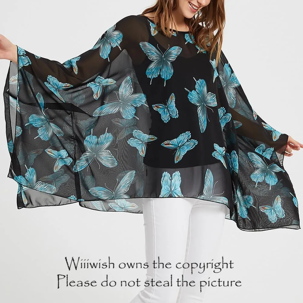 Wiiiwish Women's Loose Solid Long Batwing Sheer Chiffon Caftan Wrap Poncho Tunic Top Topper