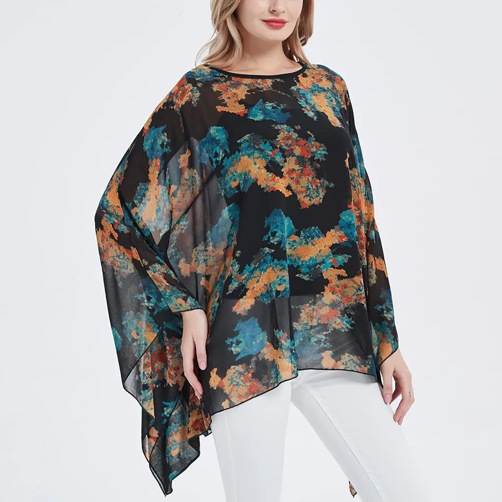 Wiiiwish Women's Loose Solid Long Batwing Sheer Chiffon Caftan Wrap Poncho Tunic Top Topper