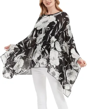 Wiiiwish Women's Loose Solid Long Batwing Sheer Chiffon Caftan Wrap Poncho Tunic Top Topper