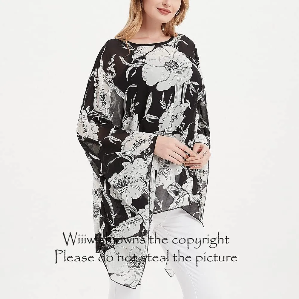 Wiiiwish Women's Loose Solid Long Batwing Sheer Chiffon Caftan Wrap Poncho Tunic Top Topper
