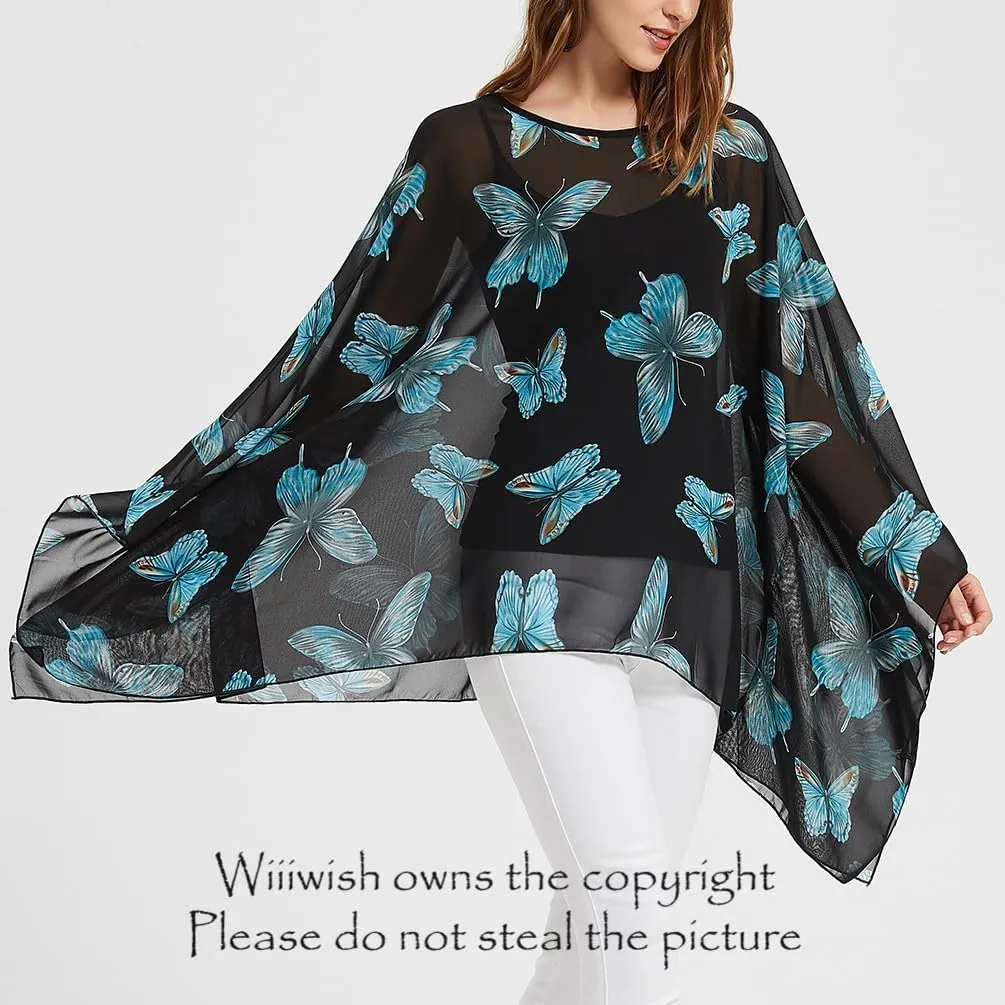 Wiiiwish Women's Loose Solid Long Batwing Sheer Chiffon Caftan Wrap Poncho Tunic Top Topper