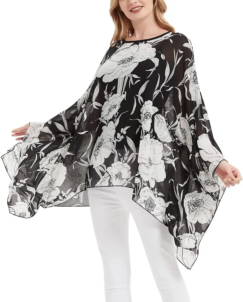 Wiiiwish Women's Loose Solid Long Batwing Sheer Chiffon Caftan Wrap Poncho Tunic Top Topper