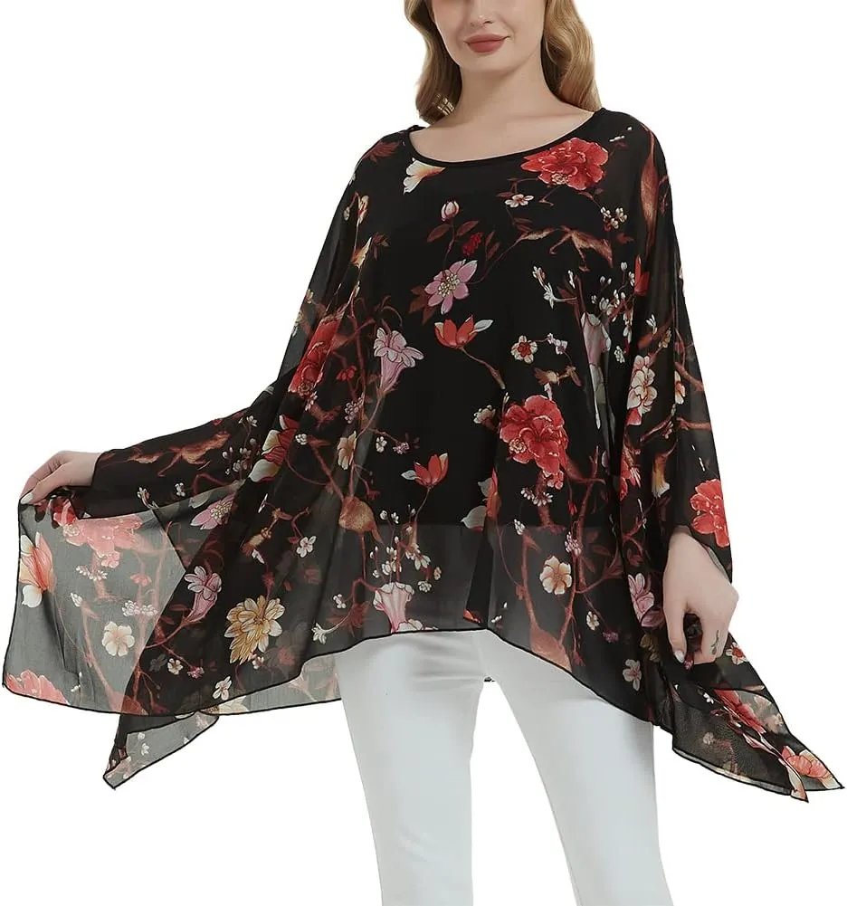 Wiiiwish Women's Loose Solid Long Batwing Sheer Chiffon Caftan Wrap Poncho Tunic Top Topper