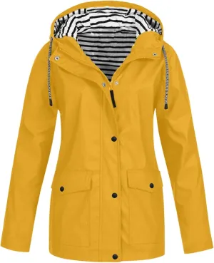 Windproof Jacket for Women Long Sleeve Raincoat Full Zip Up Button Hooded Plain Windbreaker with Pocket Winter Zipper Autumn