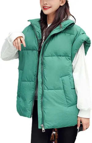 Winter Woman Long Sleeveless Coat Casual Solid Female Vest Stand Collar Cotton Padded Thick Jackets With Zipper