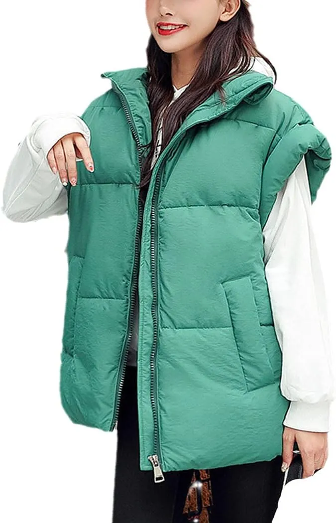 Winter Woman Long Sleeveless Coat Casual Solid Female Vest Stand Collar Cotton Padded Thick Jackets With Zipper