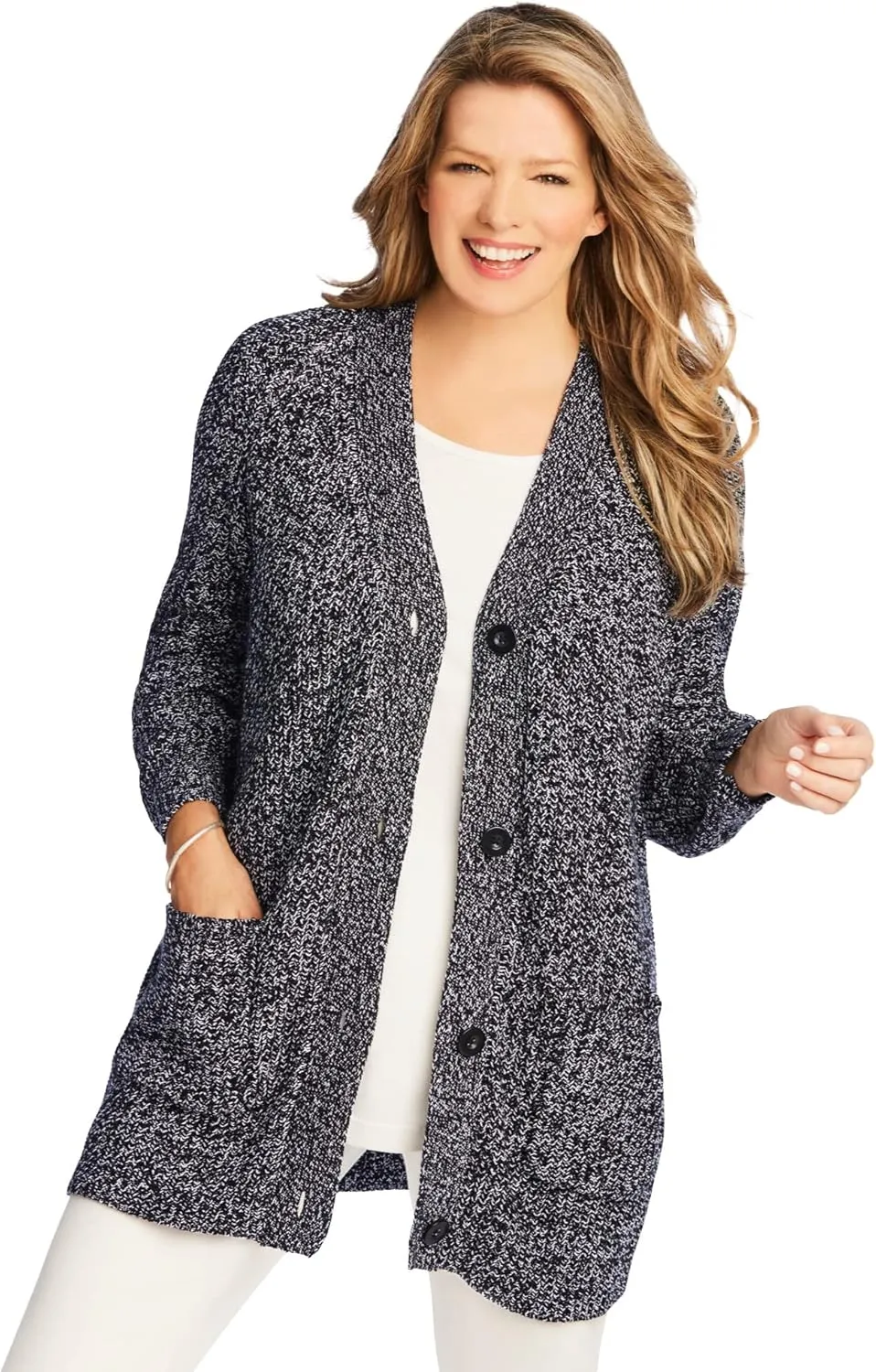 Woman Within Plus Size Button-Front Shaker Cardigan