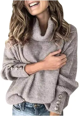Women 2023 Fall Turtleneck Sweater Solid Long Sleeve Pullover Sweater Winter Chunky Knit Jumper Top Oversize Sweater