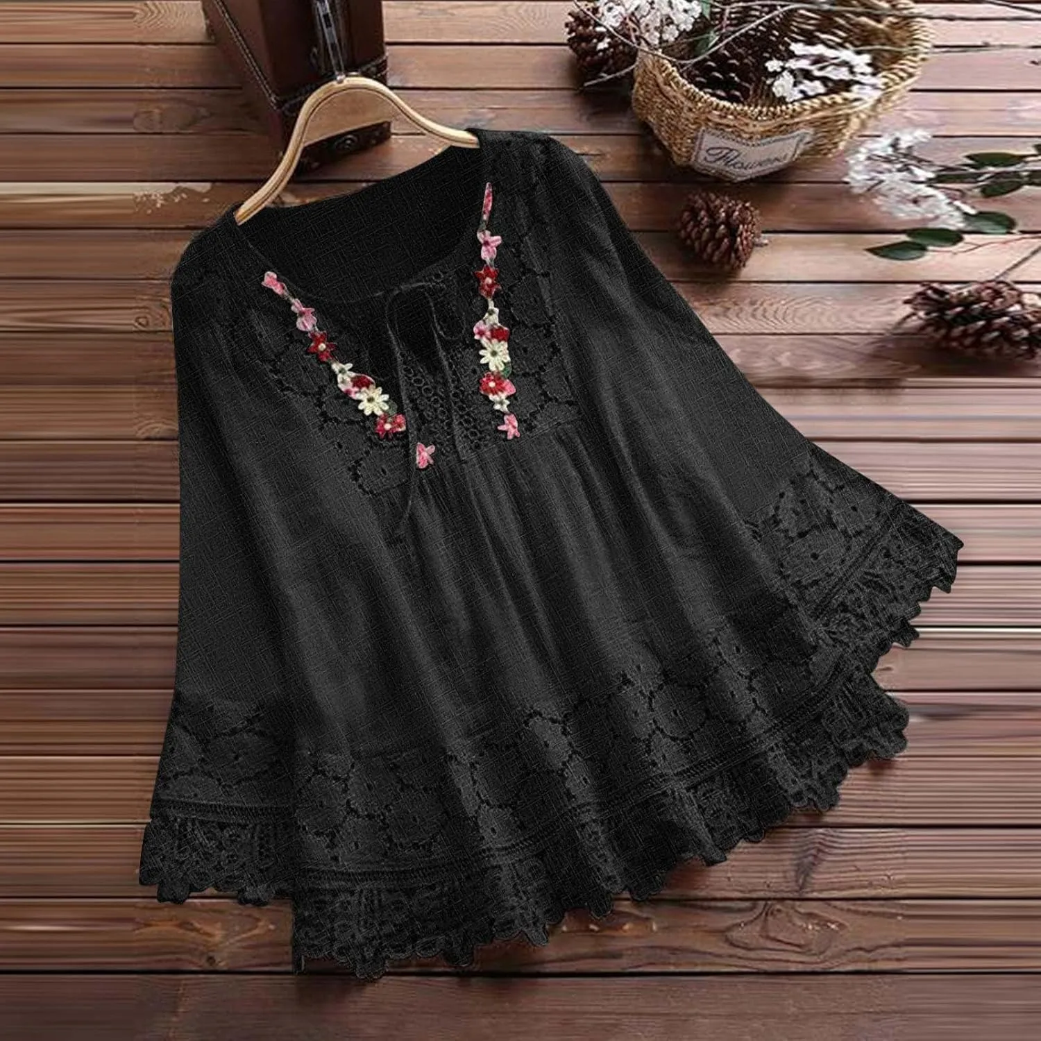 Women 2024 Embroidered Boho Tops Cotton Linen Peasant Blouses Long Sleeve Tunic Shirts Loose Fit Boho Trendy Clothes