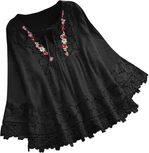 Women 2024 Embroidered Boho Tops Cotton Linen Peasant Blouses Long Sleeve Tunic Shirts Loose Fit Boho Trendy Clothes