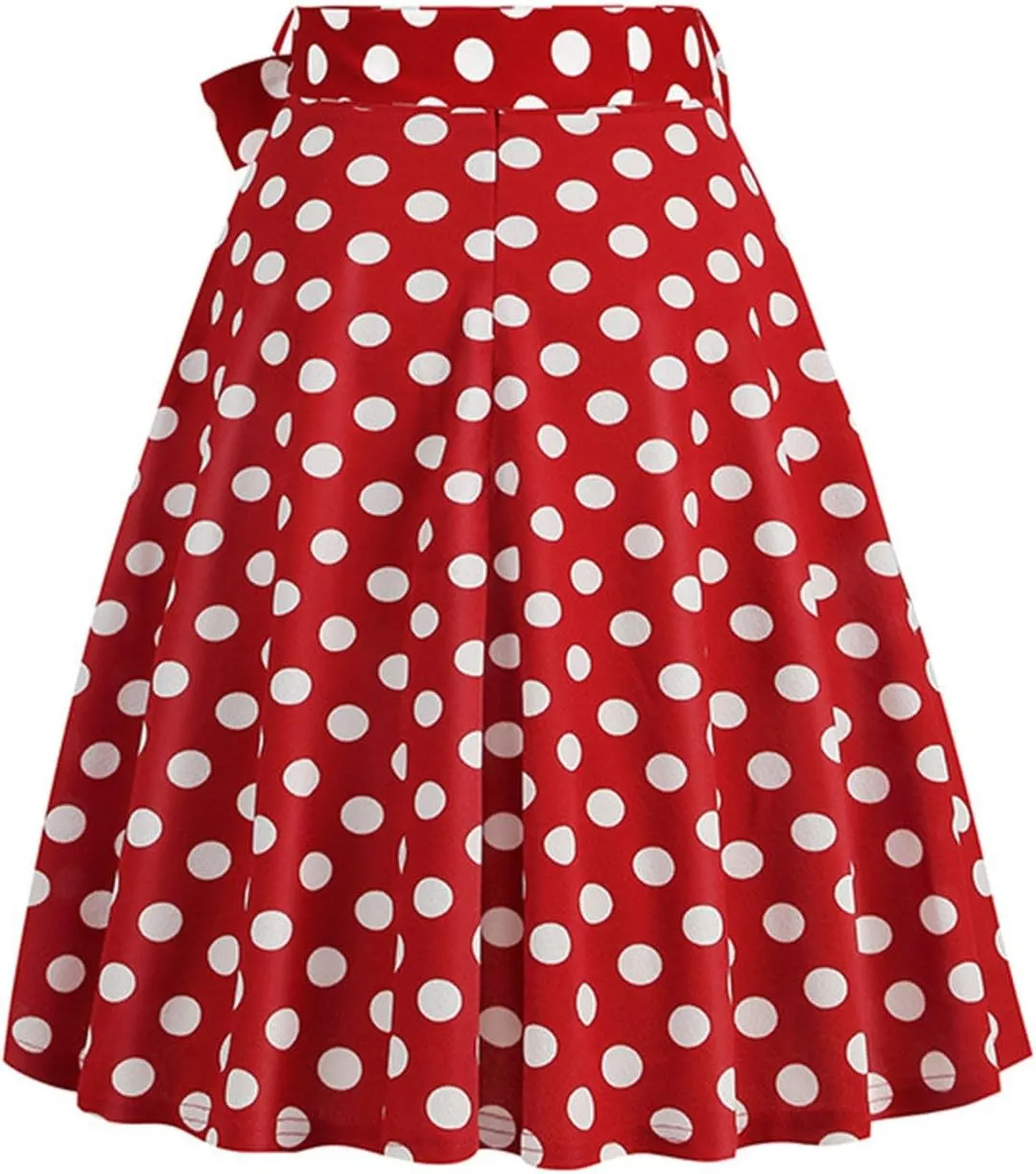 Women 50s Vintage Polka Dot A Line Pleated Midi Skirt Tie Up High Wiast Knee Length Flared Skirt Cocktail Swing Skirts