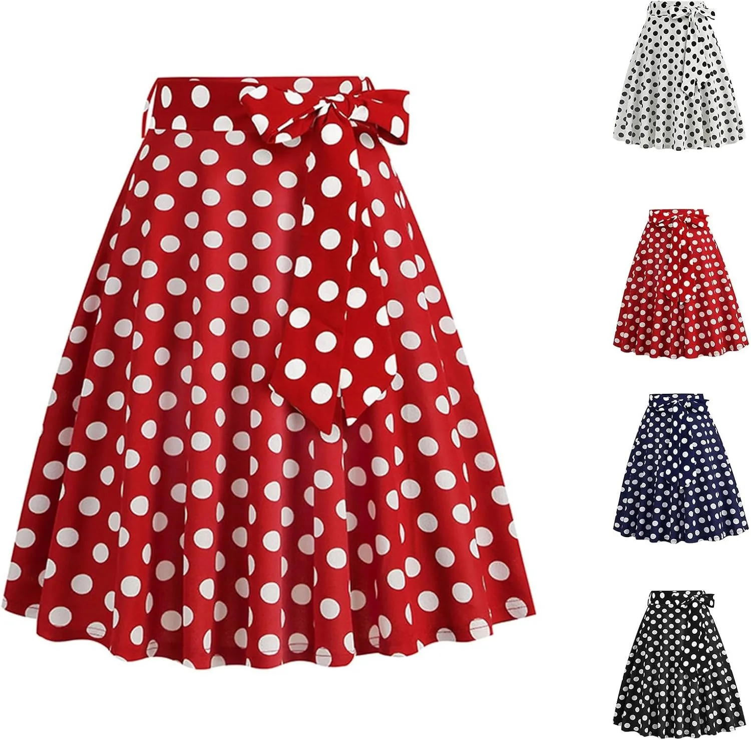 Women 50s Vintage Polka Dot A Line Pleated Midi Skirt Tie Up High Wiast Knee Length Flared Skirt Cocktail Swing Skirts