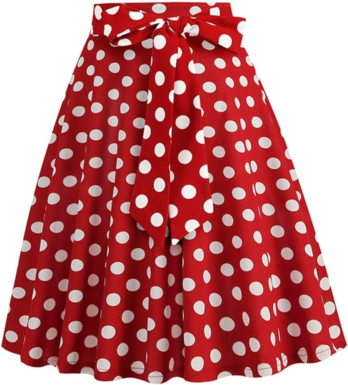 Women 50s Vintage Polka Dot A Line Pleated Midi Skirt Tie Up High Wiast Knee Length Flared Skirt Cocktail Swing Skirts